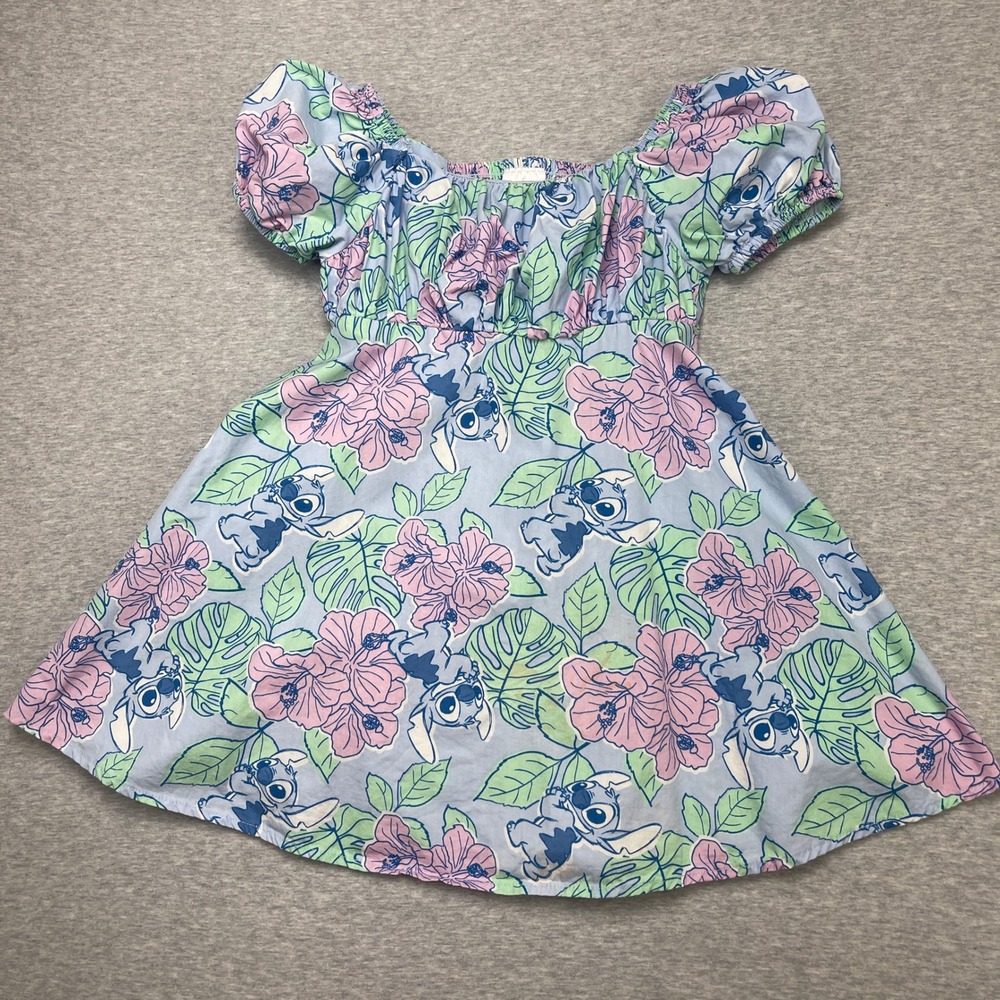 Disney Stitch Girls XS 4/5 Hawaiian Floral Dress Off Shoulder Smocked Blue Pink